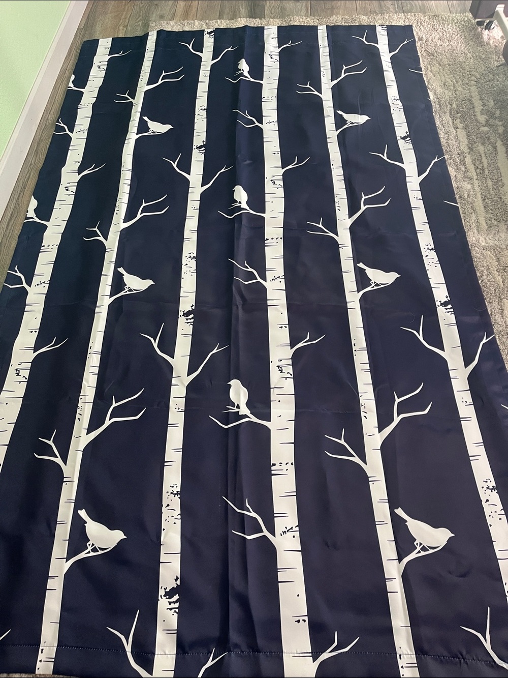 2 Navy and White Bird & Birch Panel Curtains- Classic Woodland Design